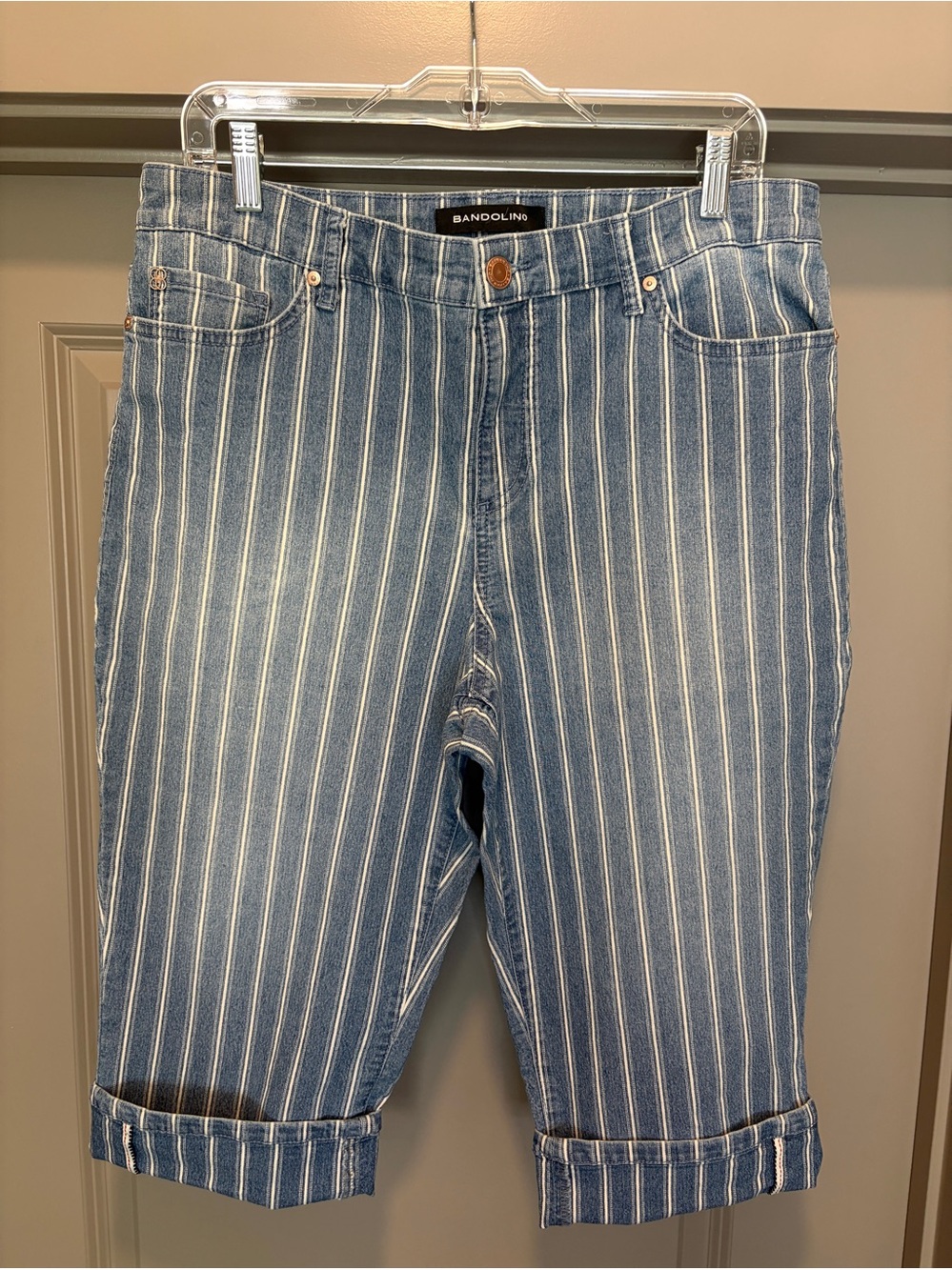 SOLD Bandolino Blue and White Pinstripe Denim Skimmer Shorts